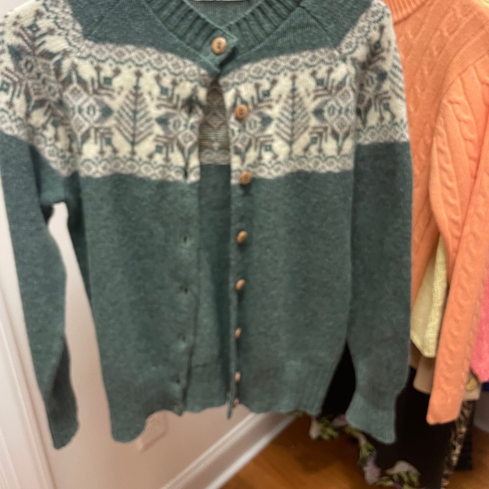 Green and White Knit Cardigan Sweater